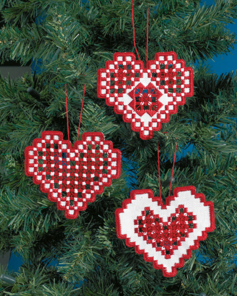 Stickset Hardanger Herzen rot 3 Stk