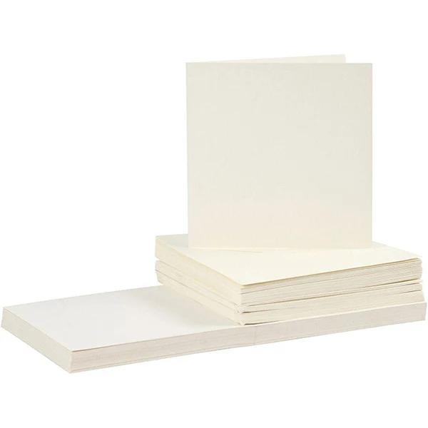 Kort og kuverter, kort 15 x 15 cm, kuvert 16 x 16 cm, 50 sæt Råhvid