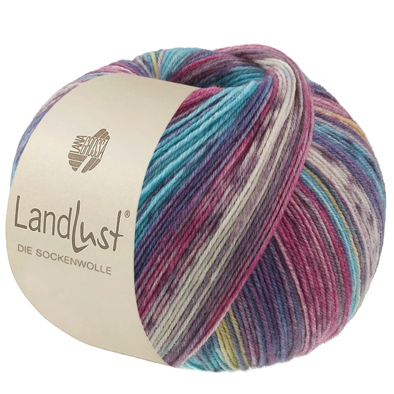 Lana Grossa Landlust Die Sockenwolle 619 Safrangelb/Dunkelblau/-grau/Hellgrau/Türkis/Brombeer/Bordeaux gestreift