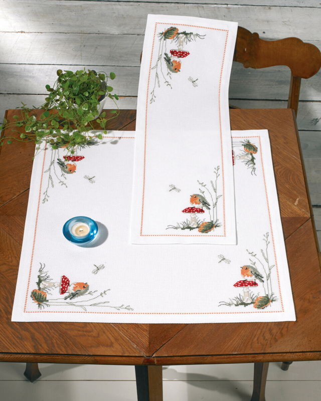 Stickset Rotkehlchen und Pilz 23 x 67 cm