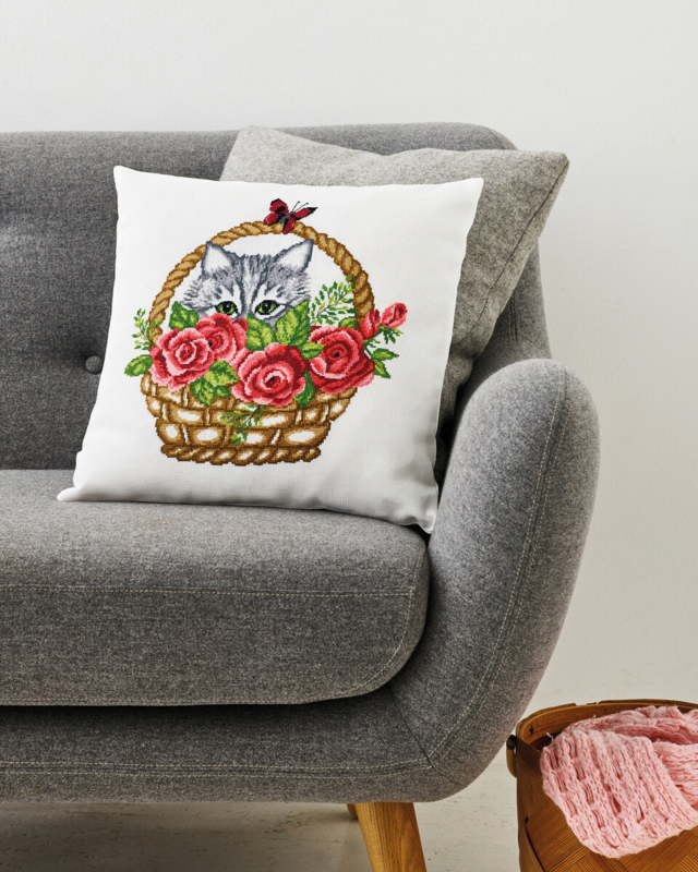 Stickerei-Kit Korb & Katze 39 x 39 cm