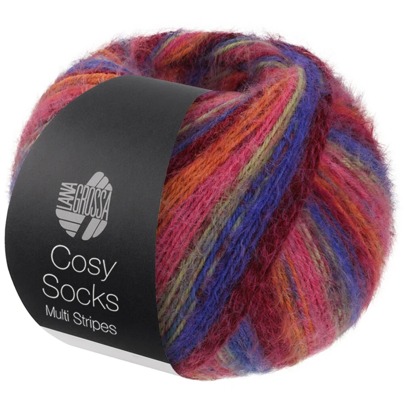 Lana Grossa Cosy Socks Multi Stripes 156 Blauviolett/weinrot/kürbis/pink/graugrün